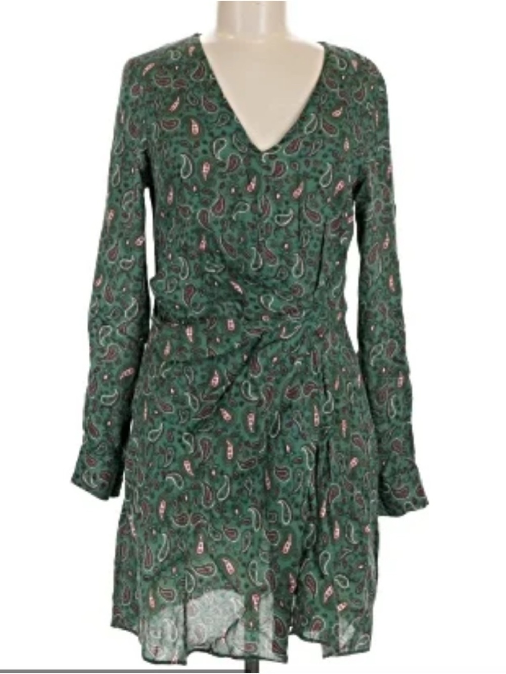 NEW Mango Green Paisley V-Neck Long Sleeve Wrap Dress - Small